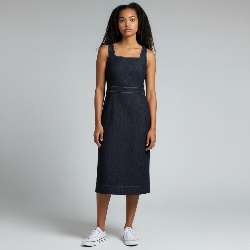 Alex Marie Navy Linen Sheath‎ Dress Sleeveless Knee Length Back Slit Size 8